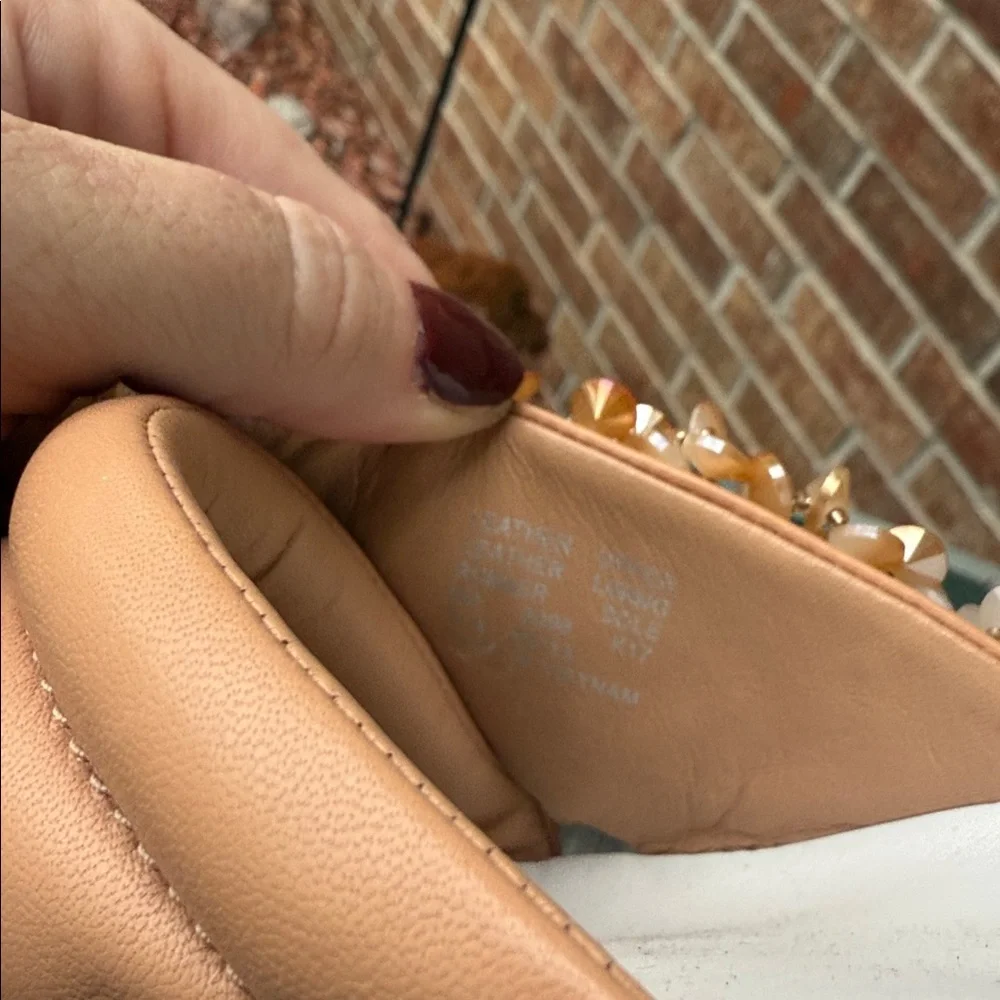 Embellished Tan Slide Sandals for Women - Bead Accent